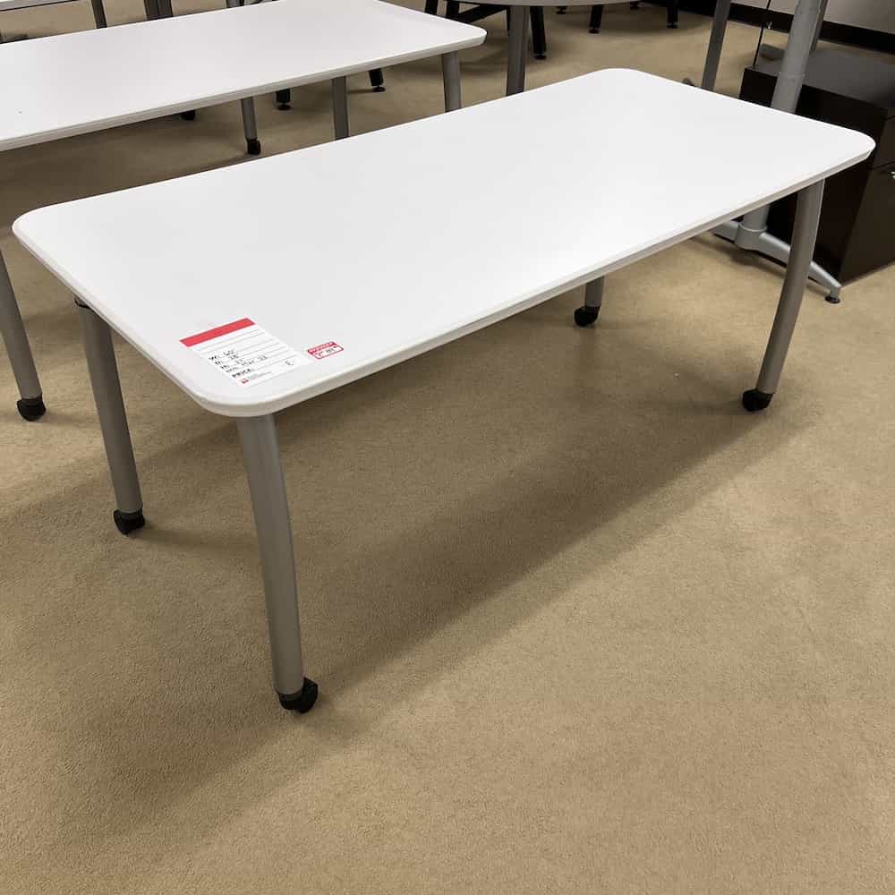 white laminate top with silver legs training table on wheels