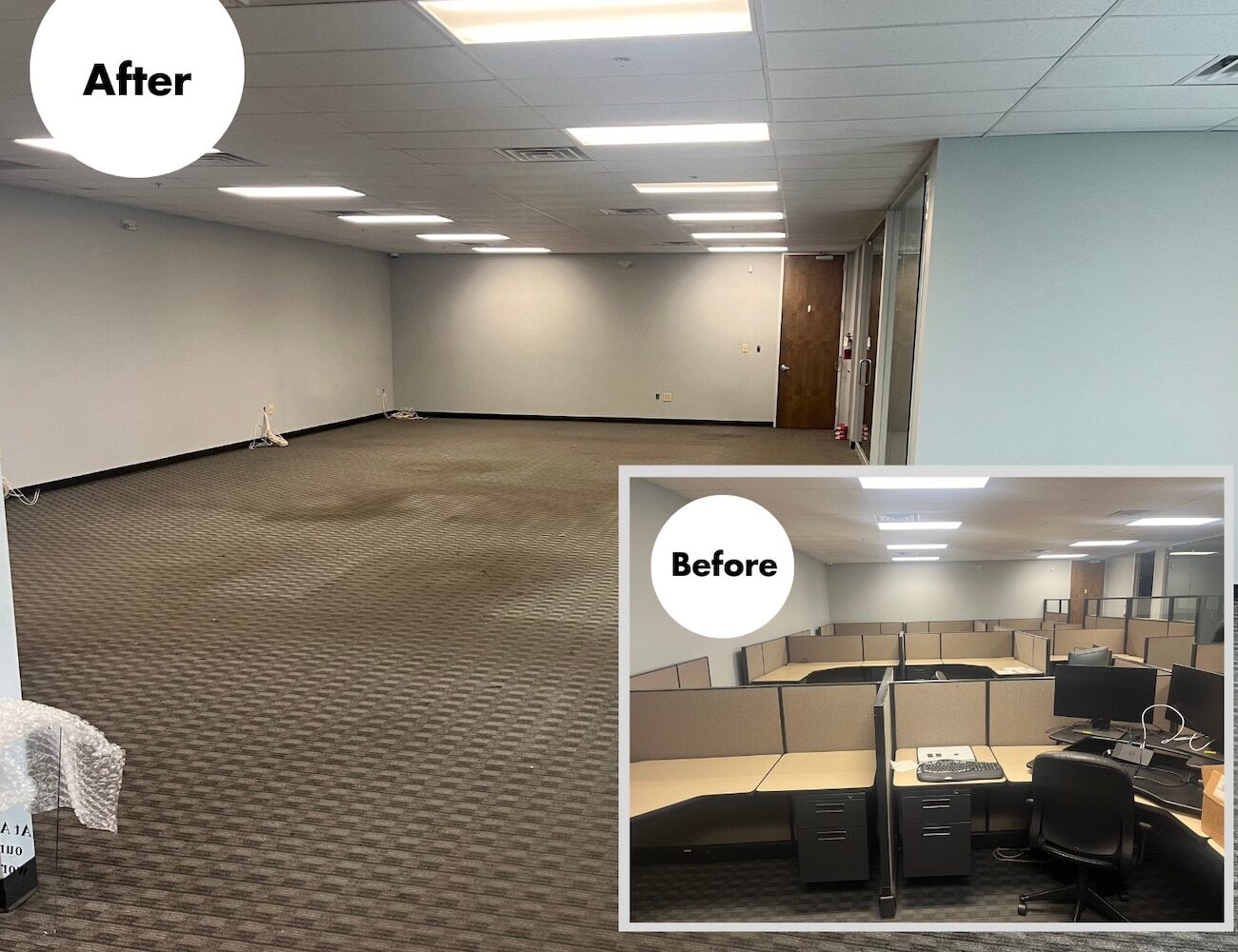 before and after office decommission, cubicle removal