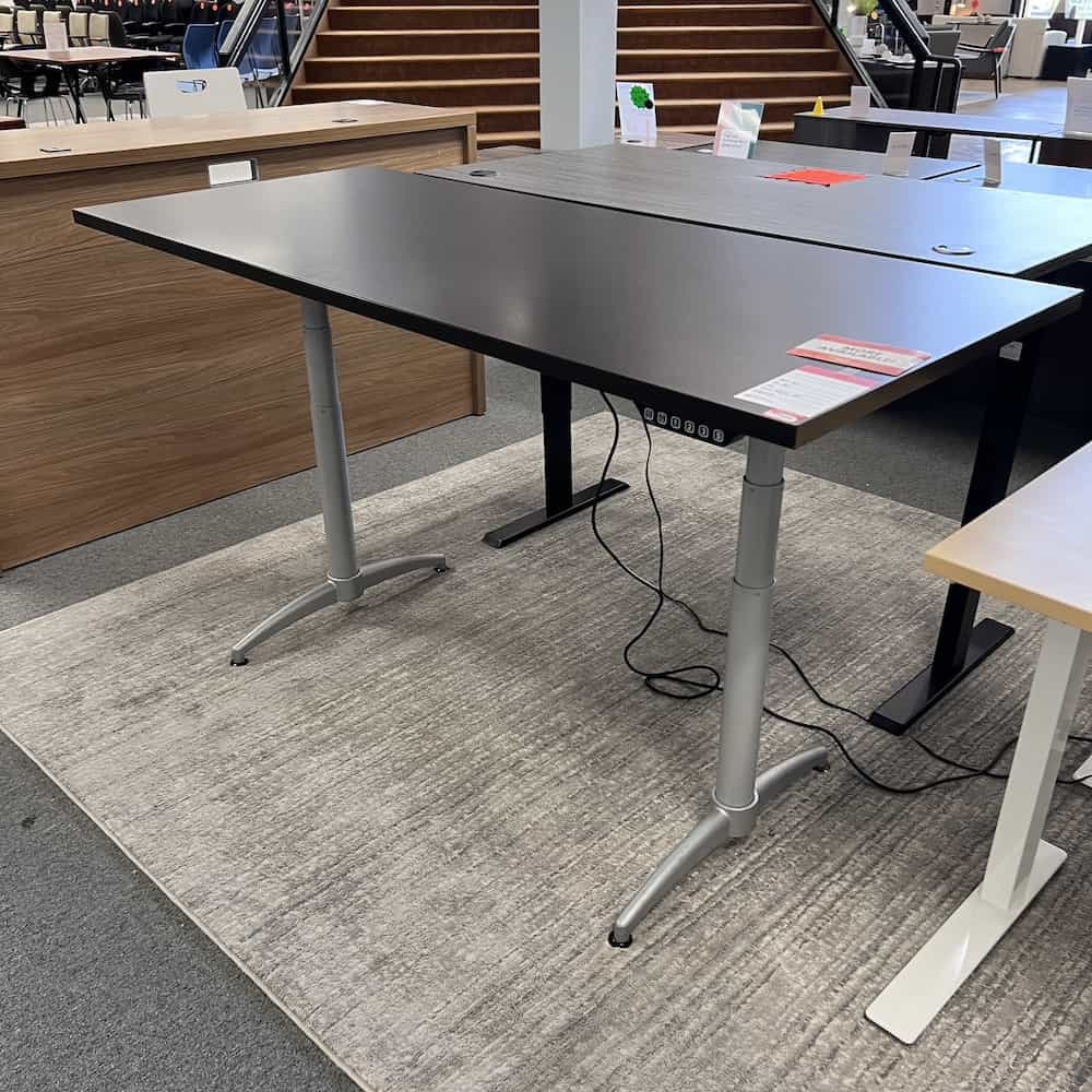 espresso laminate 70x30 height adjustable desk used with silver legs