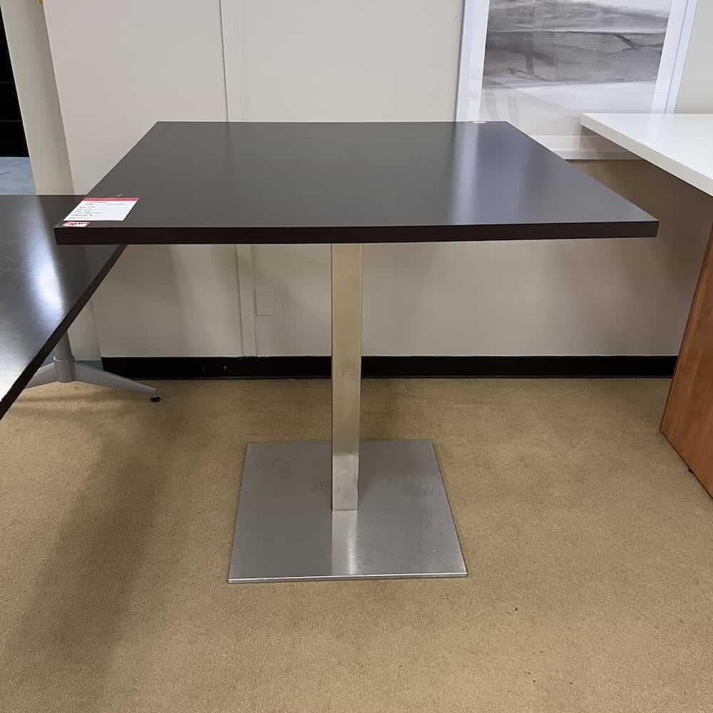 espresso pub table with veneer top and grey metal legs ofs brand