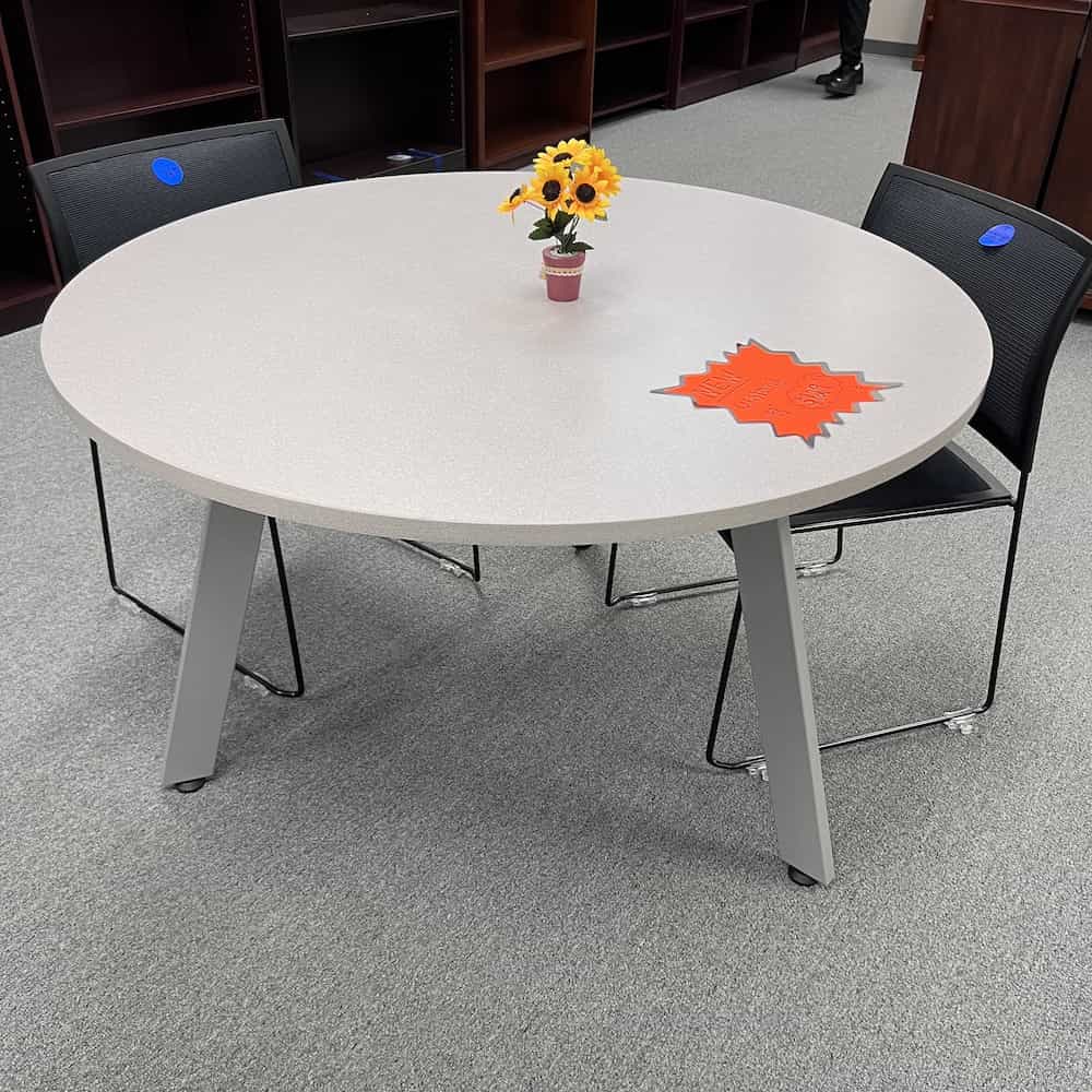 light grey laminate round table 48" with oblique grey legs