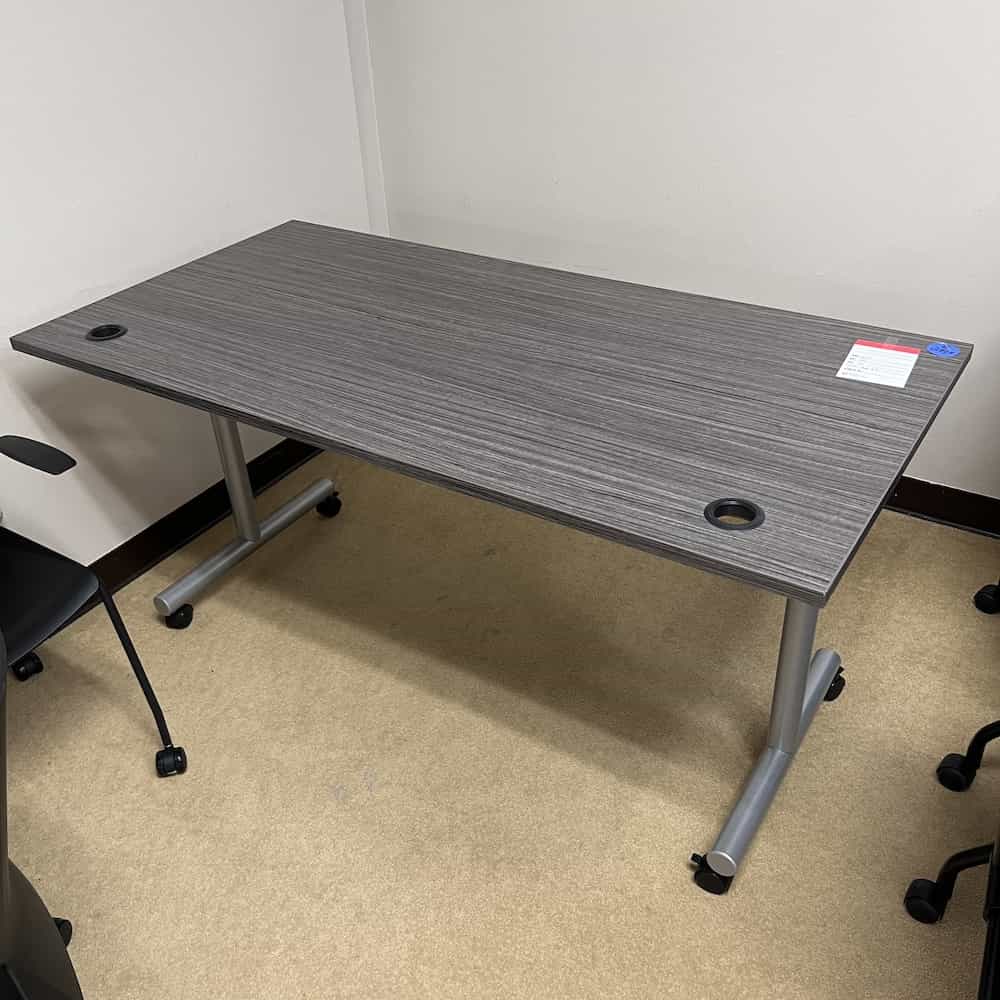 grey laminate top training table with silver legs and black wheels 60 x 30