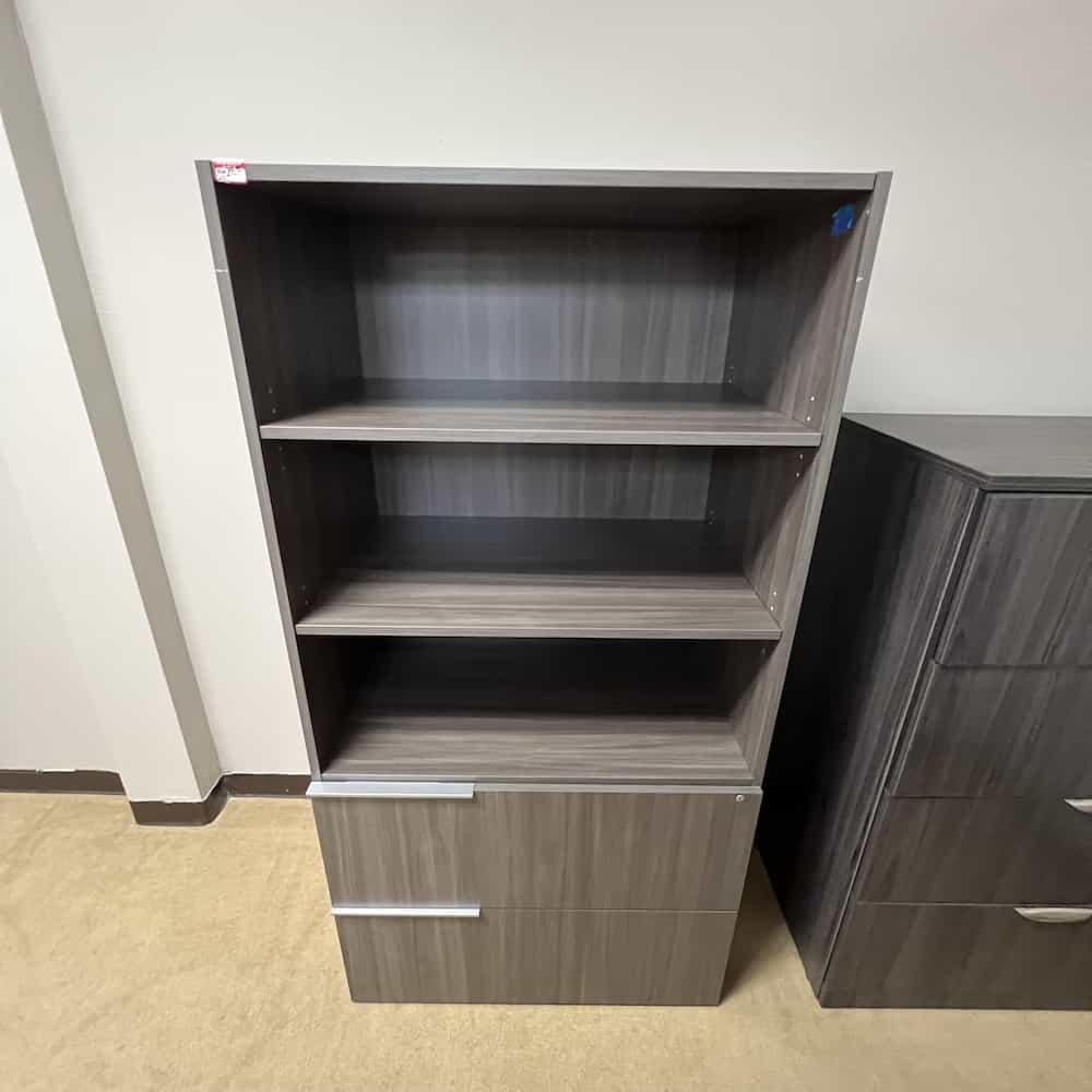 2 Drawer Lateral with Bookcase Hutch, a walnut-y grey color weathered ash laminate