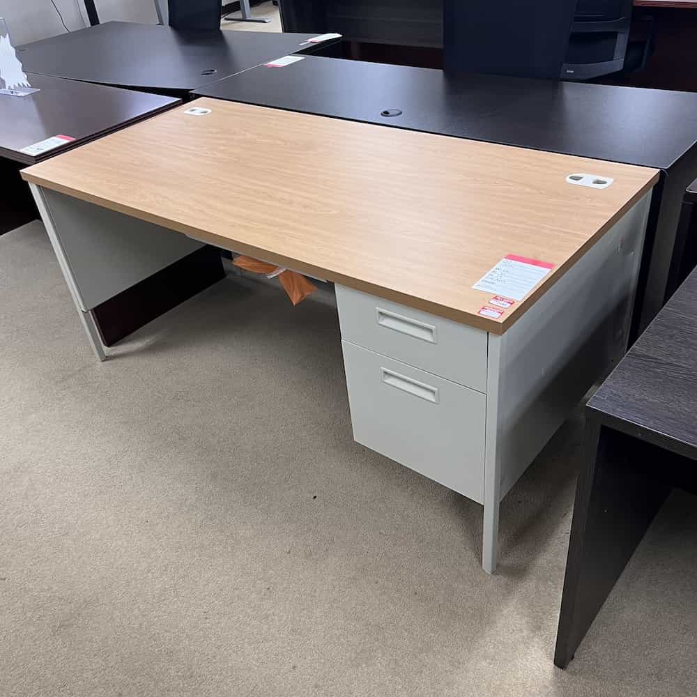 maple laminate top desk with beige metal base box file on the right