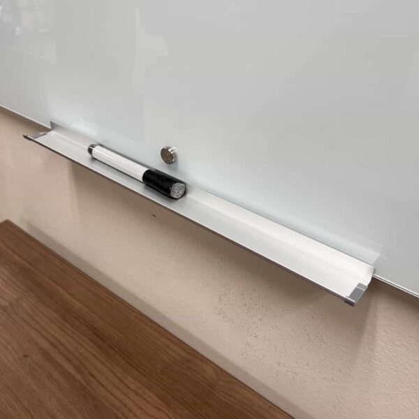 new white glass magnetic dry erase board, marker tray