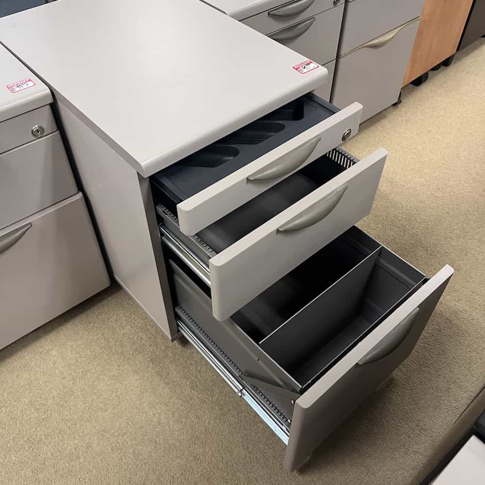 white laminate 2 drawer box file cabinet with silver pulls, rolling