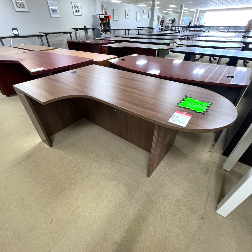walnut laminate bullet nose peninsula L-desk, used office furniture