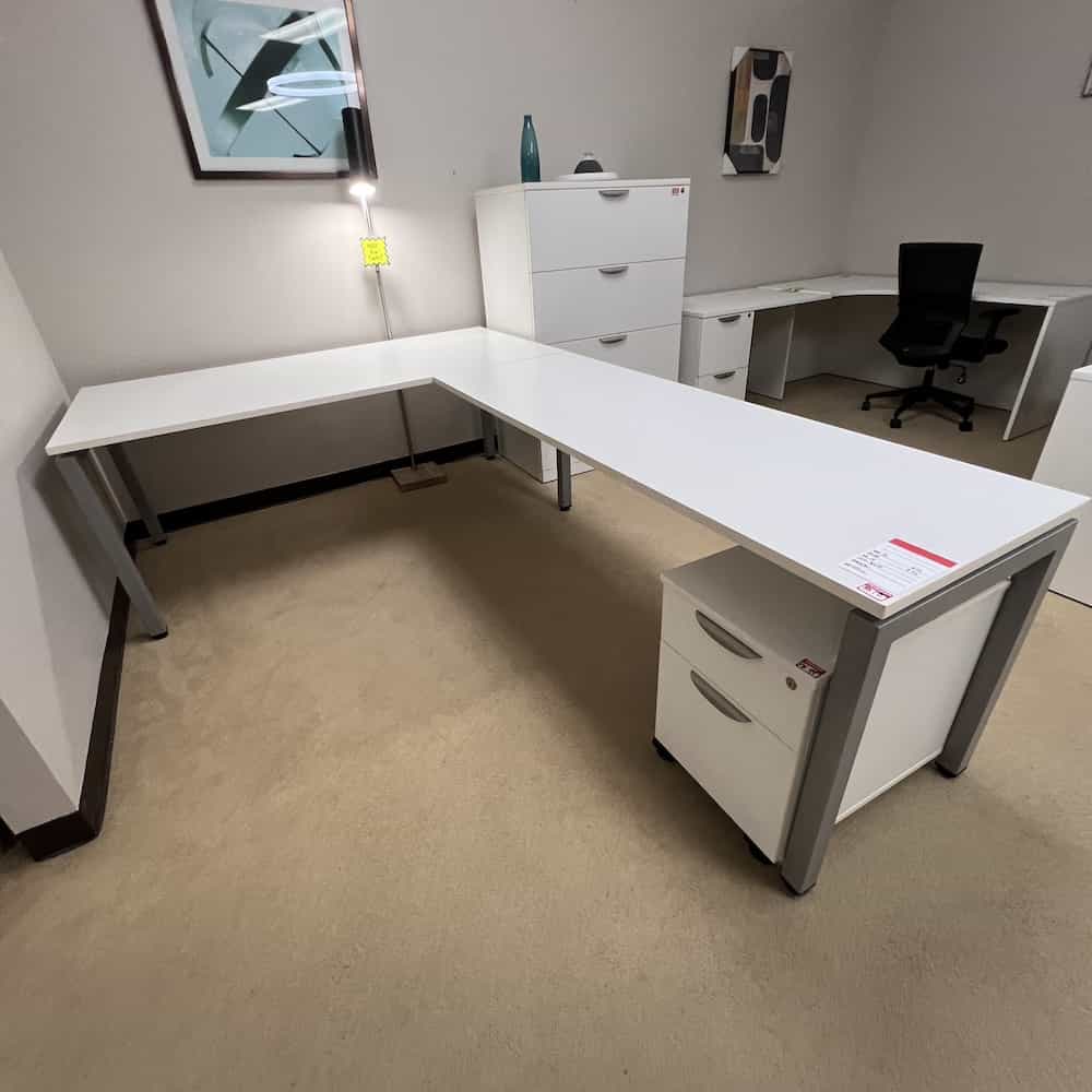 white l-desk table 72x108 with grey legs
