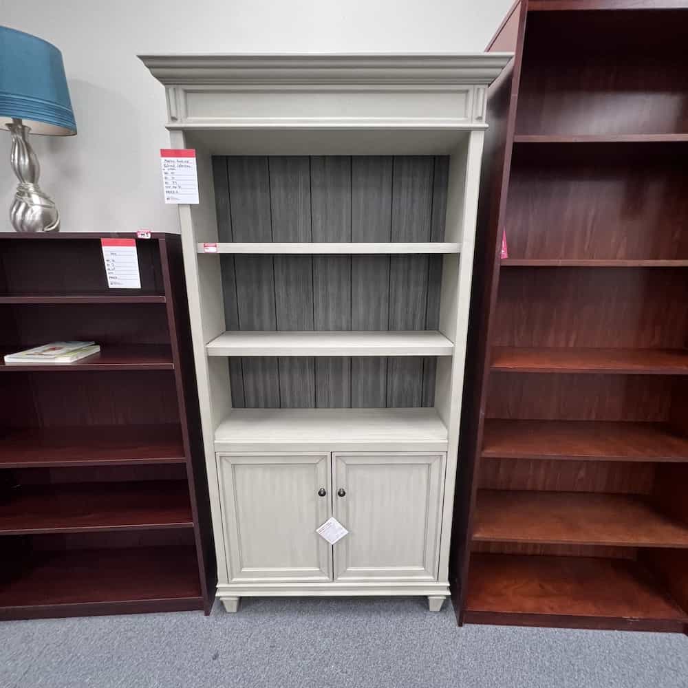 exectuive bookcase with 2 door cabinet, linen veneer wood with grey back, crown molding, transitional style, refined collection, martin furniture