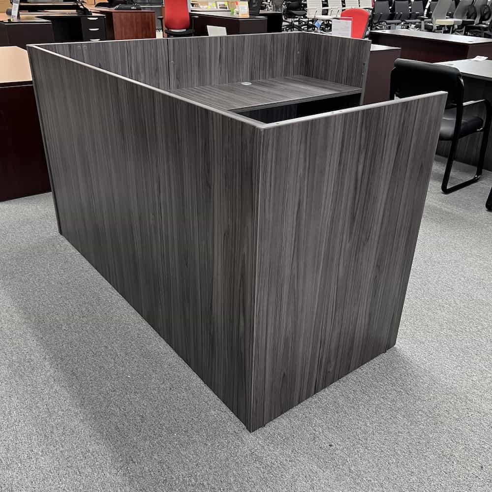 grey laminate reception l-desk right return coastal grey with 1 BBF pedestal drawers, no transaction top