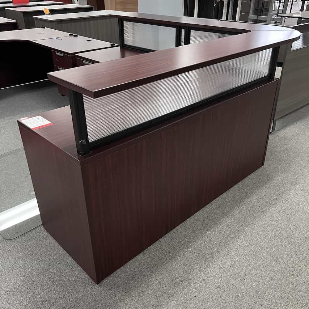 mahogany laminate l-desk reception with transaction top wrap around on return