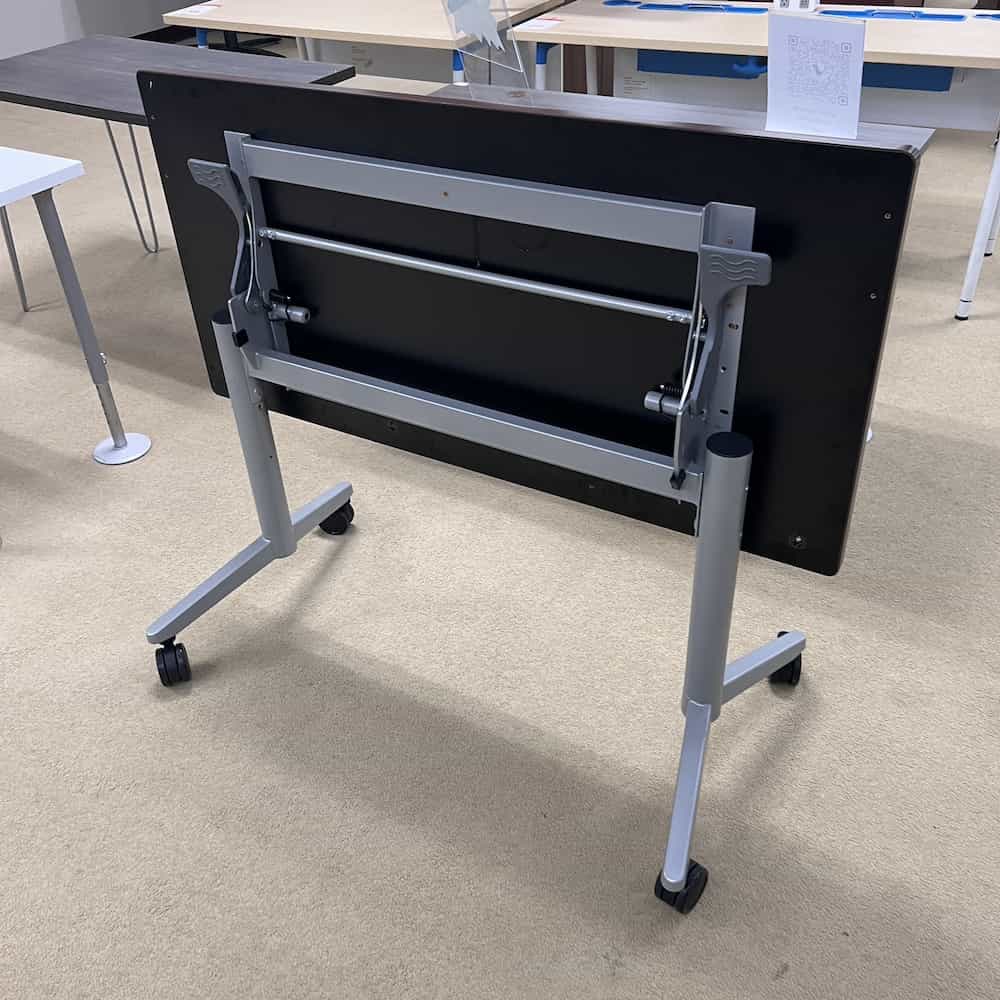 mahogany laminate 48x24 training table used flip next roll, grey metal base