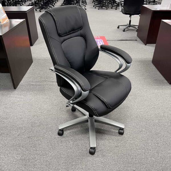 black vinyl plush executive chair with silver base, hon brand