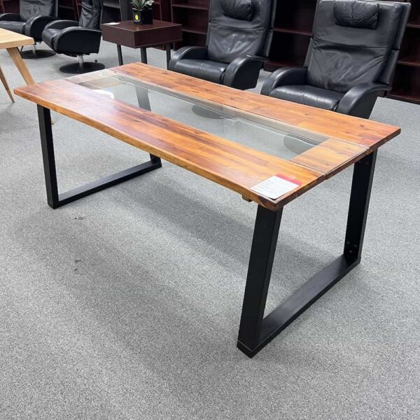 wood top, glass center, black metal u legs, rectangle table