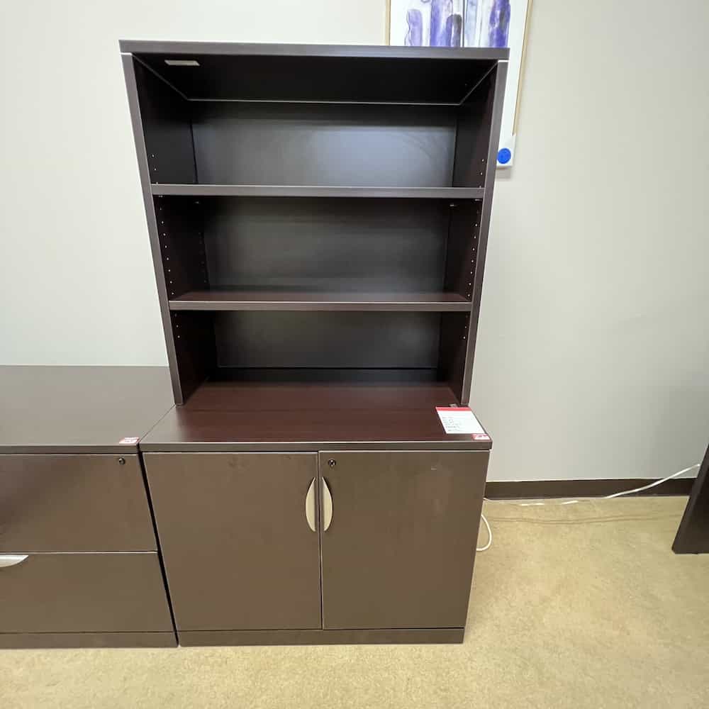 espresso laminate 2 door storage cabinet with bookcase hutch and silver pulls