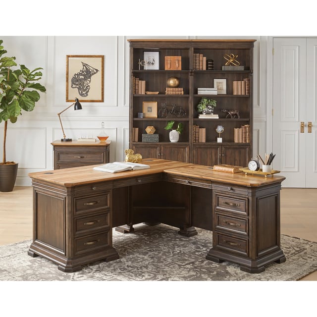 westwood collection executive l-desk, right return only, situated in an office with bookcases and a lateral file