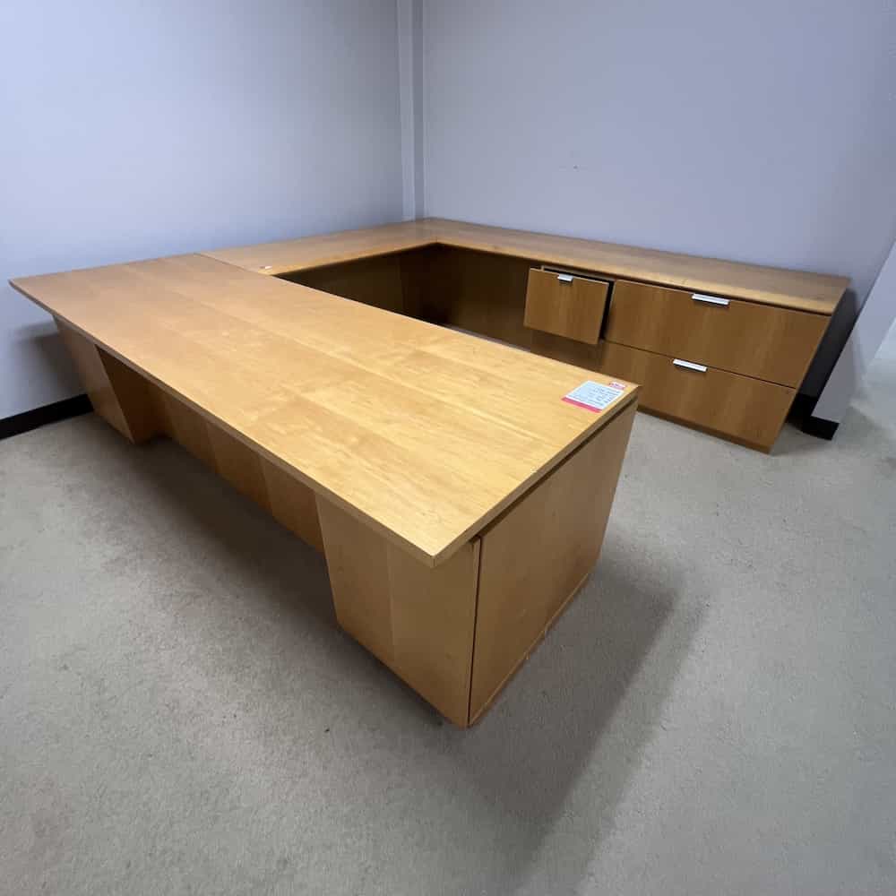 xl u-desk vintage in maple veneer, right return, 2 drawer lateral