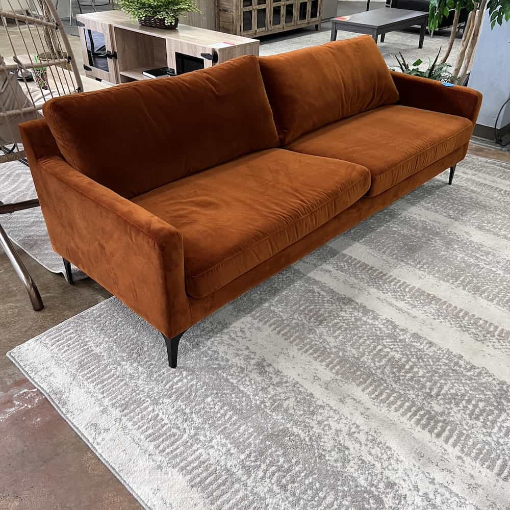burnt orange velvet velour sofa couch with metal legs