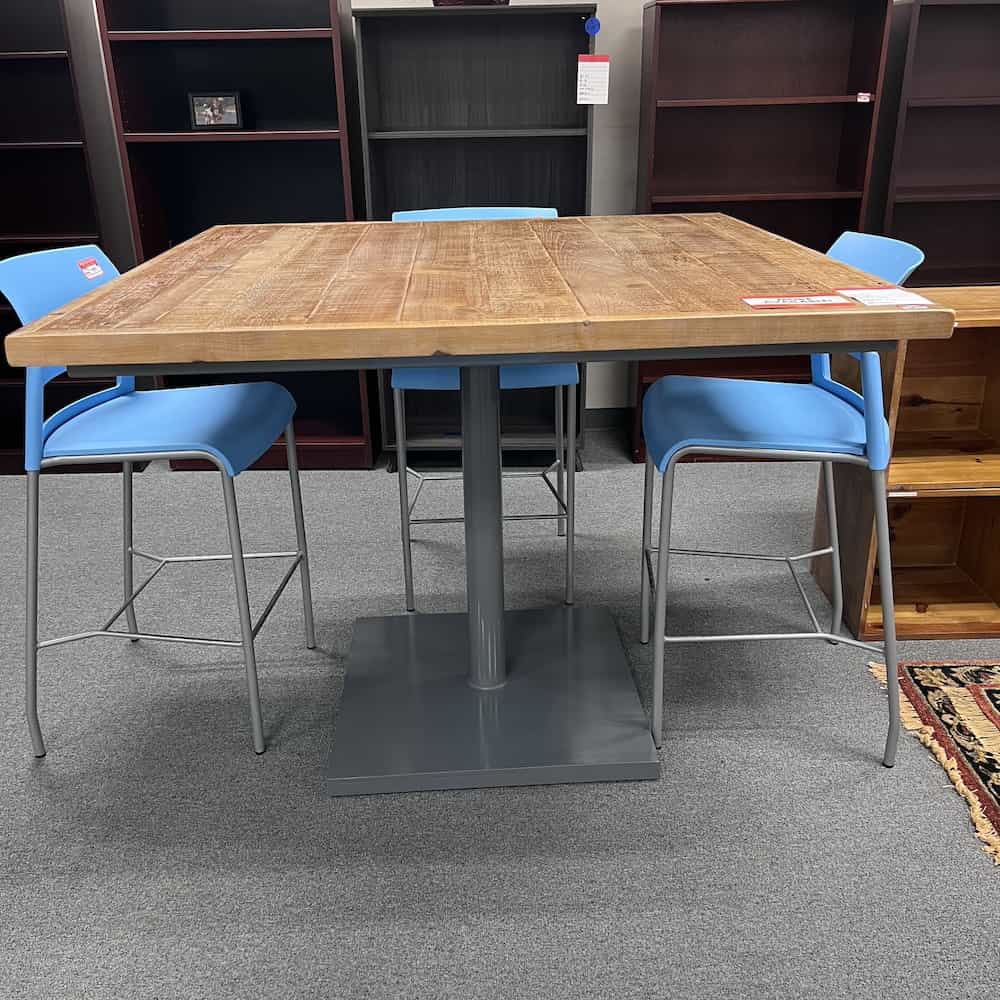reclaimed wood top square bar height table with grey metal base