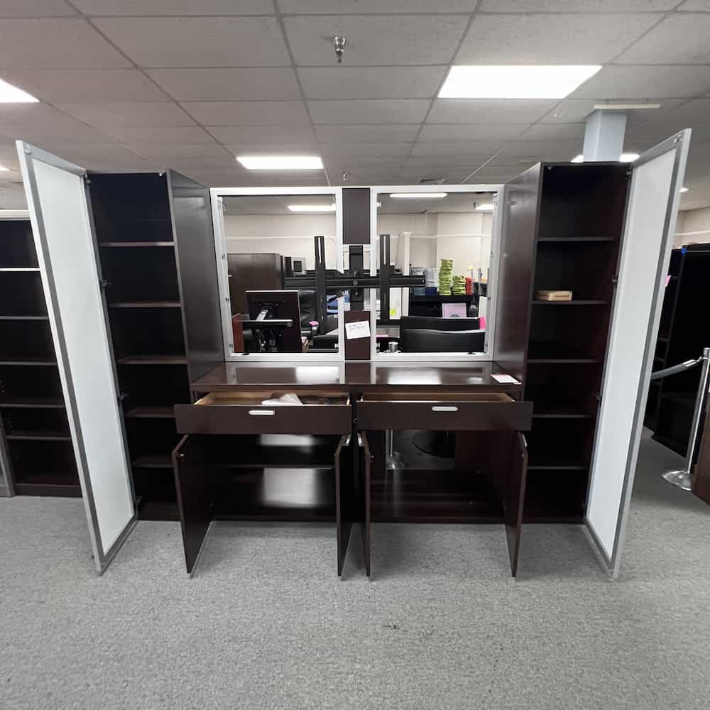 espresso veneer wood media wall unit with frosted doors an TV mount