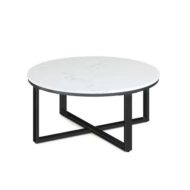 white stone quartz round coffee table with black metal base modern
