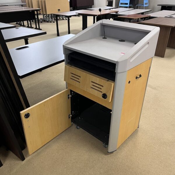 maple veneer and taupe plastic podium lecturn used
