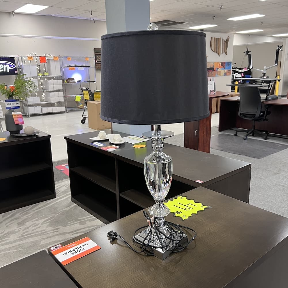 lamp with silver base, crystal with black lamp shade