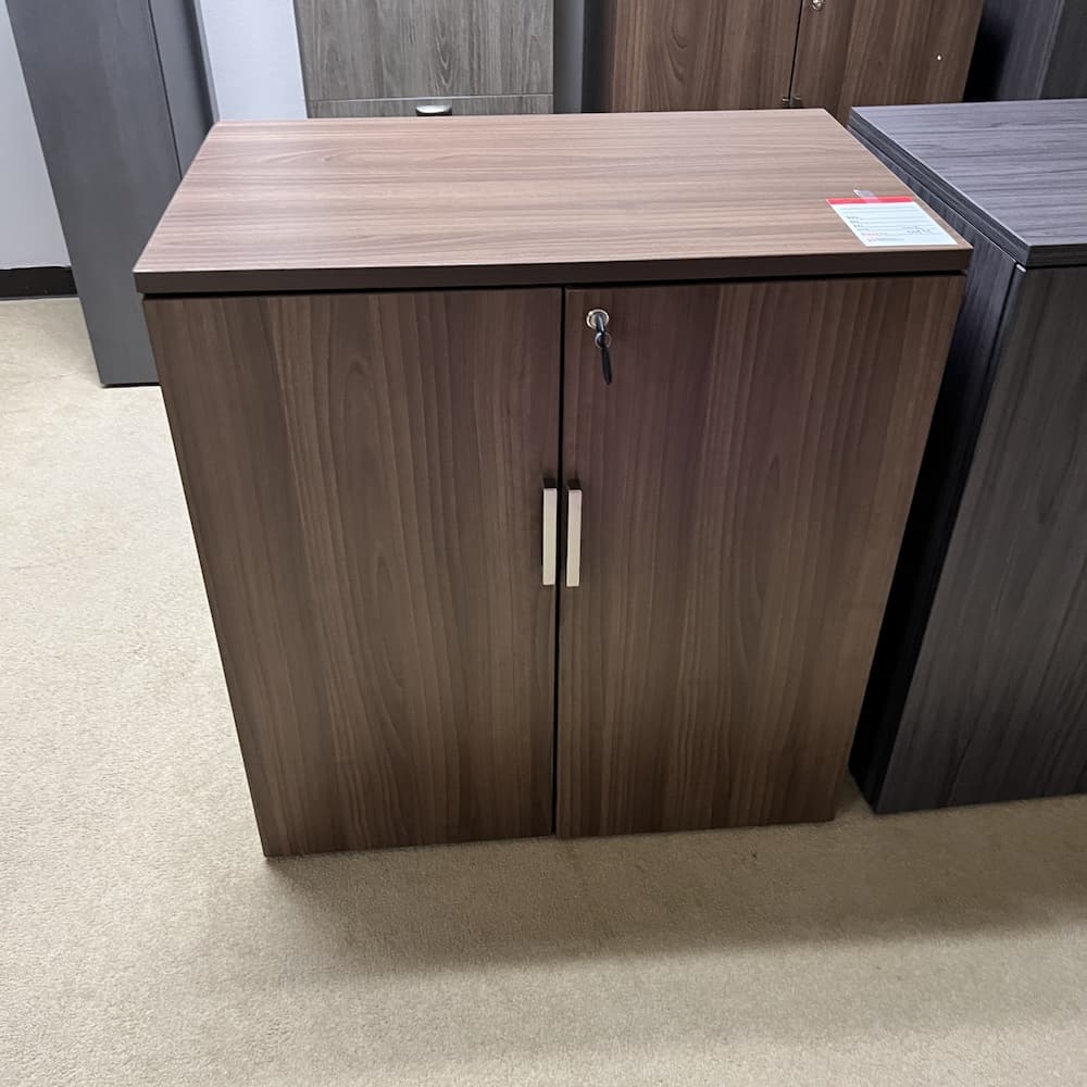 walnut 2 door storage cabinet laminate with silver pulls