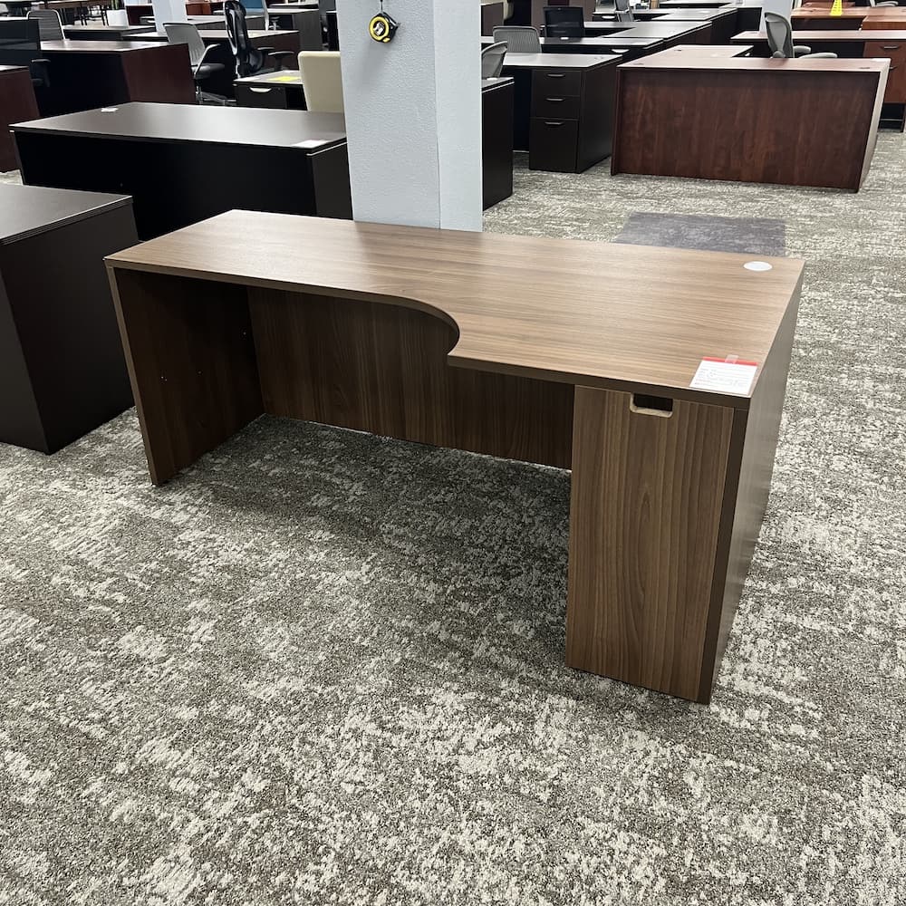 walnut laminate porkchop l-desk, right return, used open box office furniture