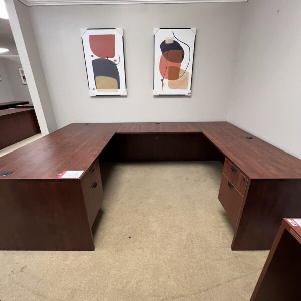 cherry laminate u-desk 71 x 107 two hanging box files black pulls used