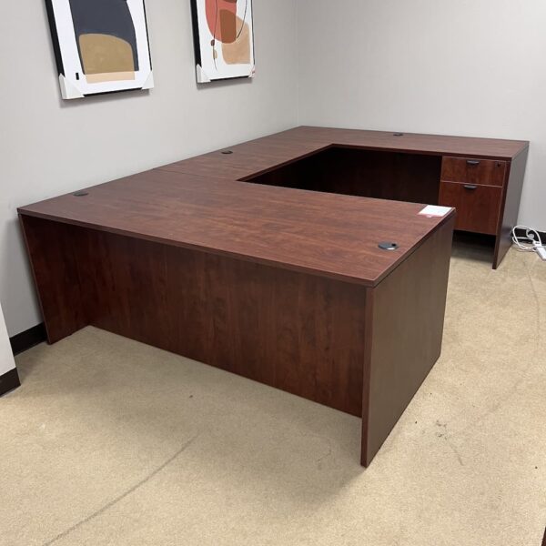 cherry laminate u-desk 71 x 107 two hanging box files black pulls used