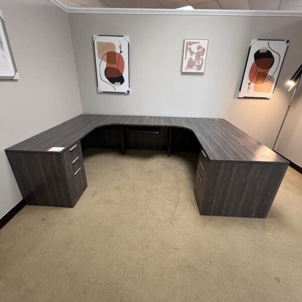 Newport grey u-desk used, left return with double pedestal files, laminate