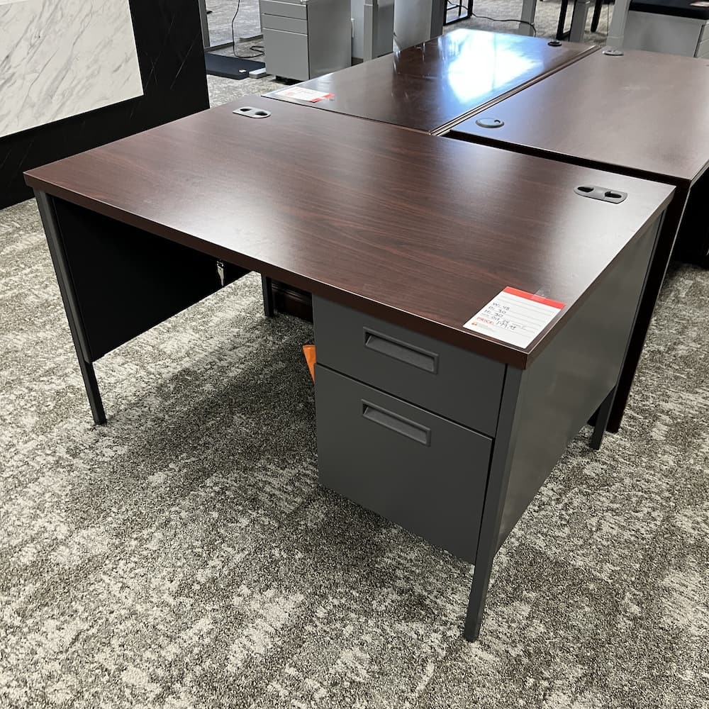mahogany laminate desk with grey metal base hanging box file 48x24, used office furniture