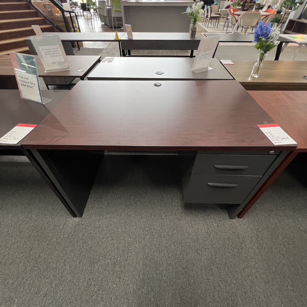 mahogany laminate desk with grey metal base hanging box file 48x24