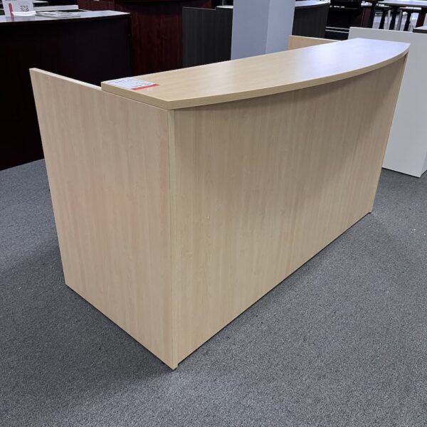 maple laminate reception desk with laminate transaction top and file file with black handles