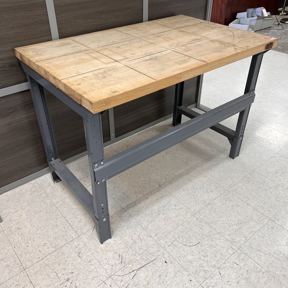 wood block top work bench with grey metal base, used furniture, garage, mechanic, woodworking