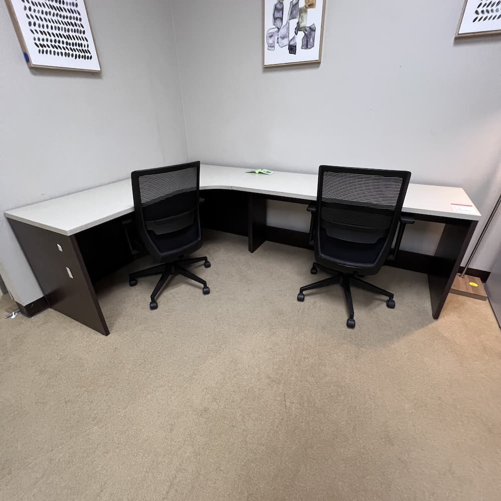 beige and espresso l-desk shell, used office furniture, steelcase, right return, shell, two person