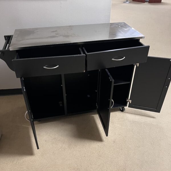 black mdf cart with silver aluminum top rolling two drawers