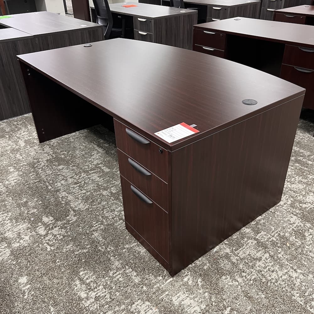 mahogany laminate bow front desk with 1 box box file, used office furniture