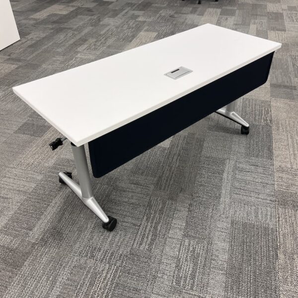 white 60x24 steelcase training table with black mesh privacy panel folding nesting rolling silver legs