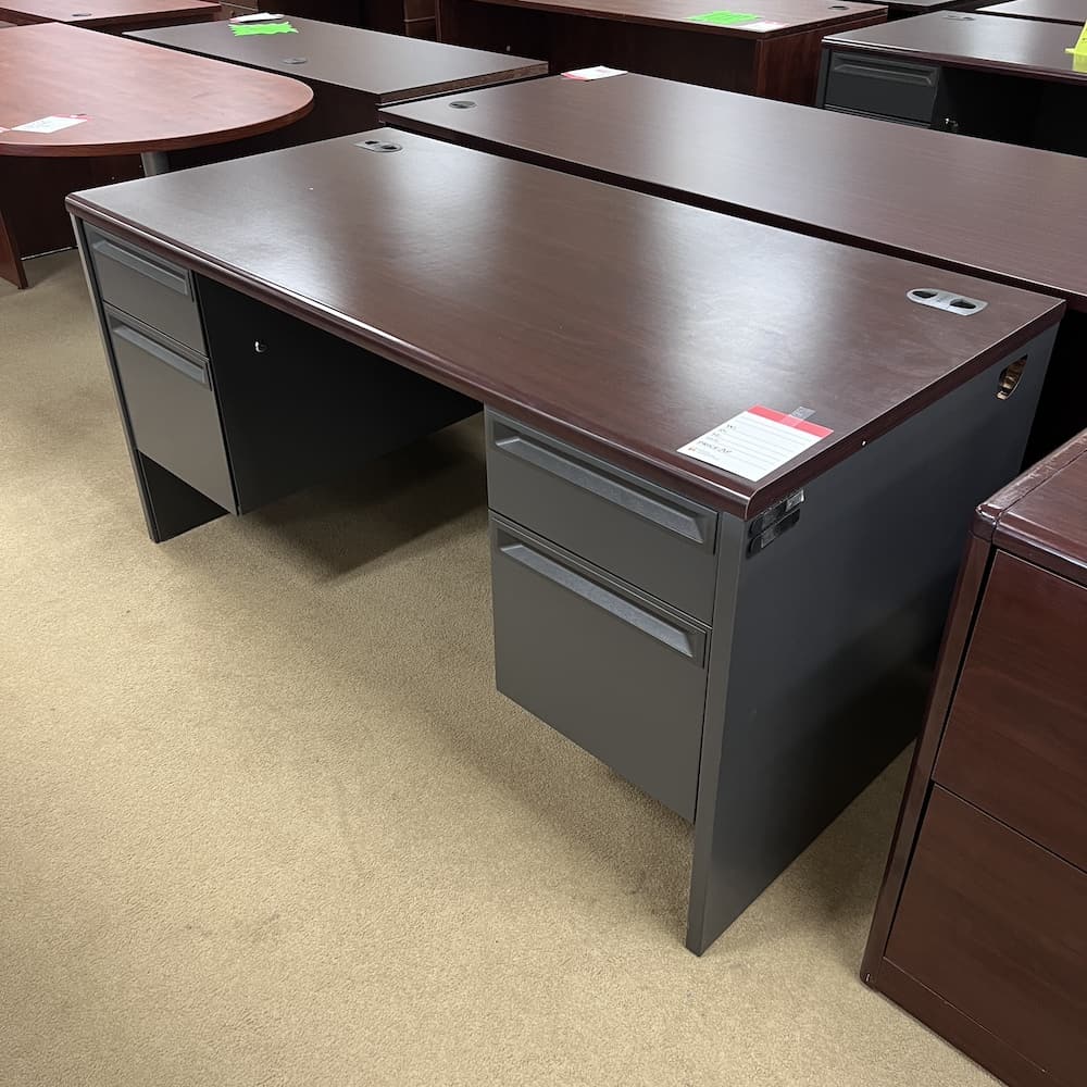mahogany laminate top with grey metal desk base and two hanging box/files