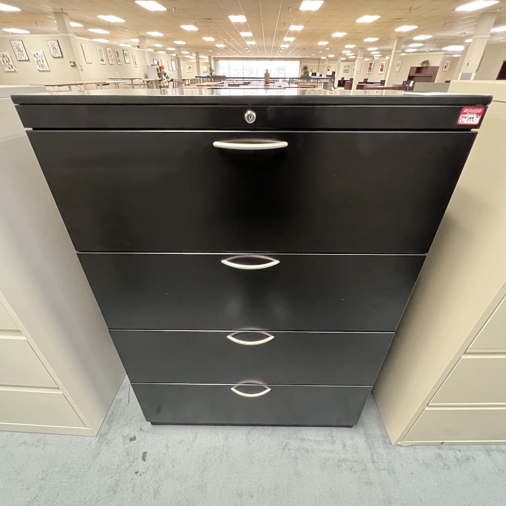 36 W x 52 H Herman Miller Black Metal and Silver 4 Drawer Lateral Filing Cabinet Office Furniture Liquidations
