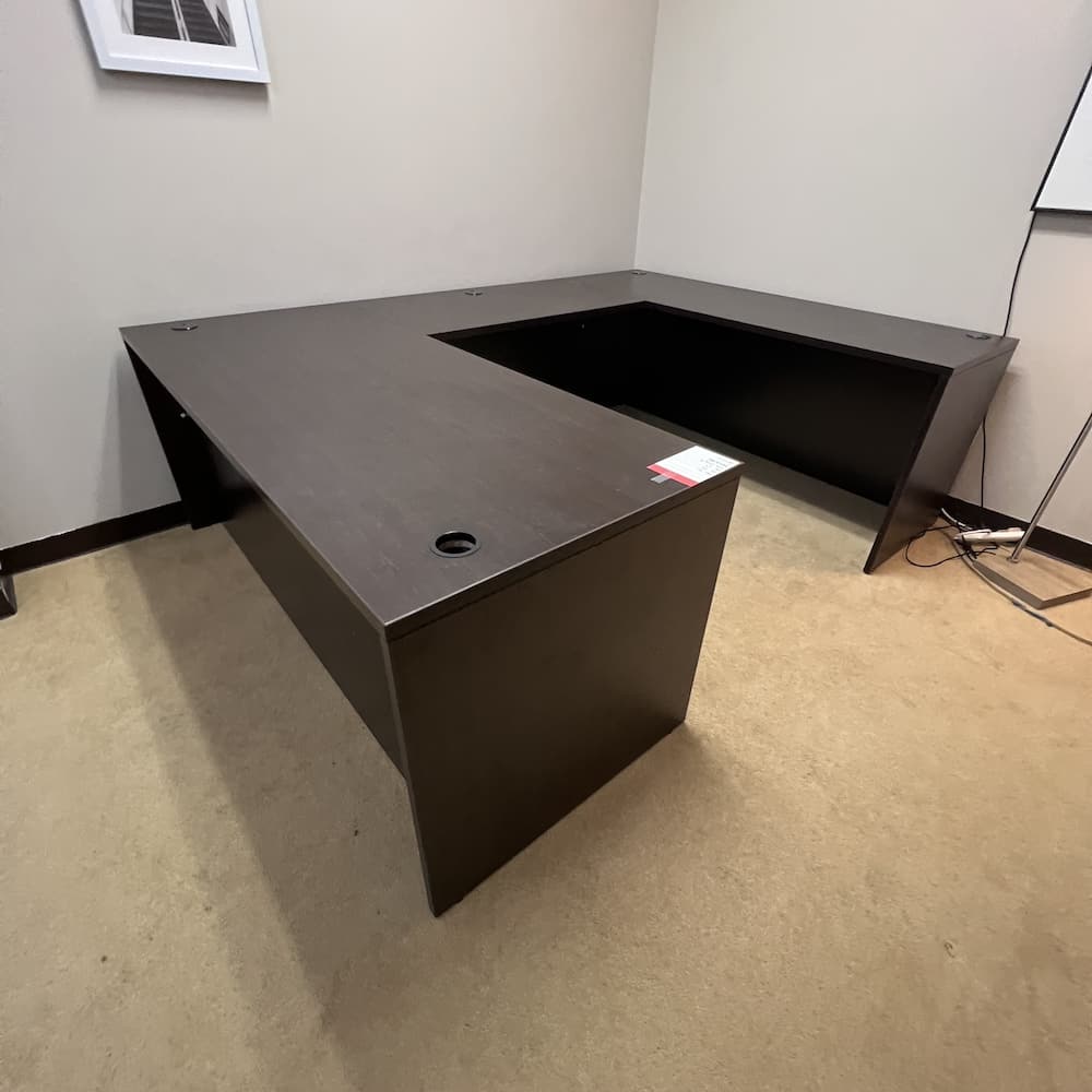 espresso u-desk laminate, right return, single pedestal box box file, used office furniture