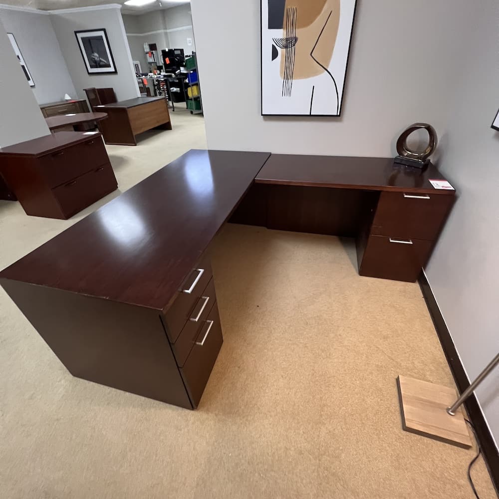 walnut veneer wood desk l-desk right return with double pedestal silver pulls Paoli used office