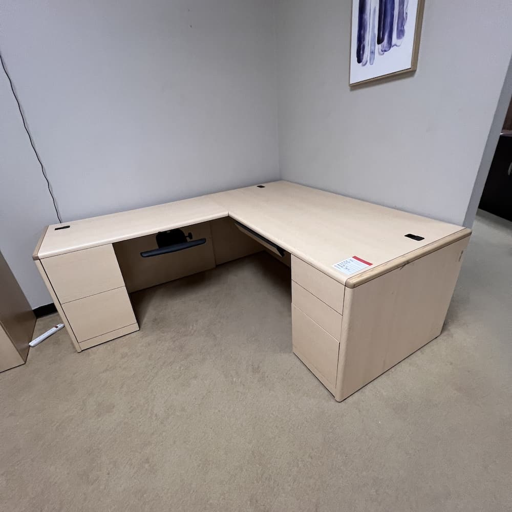 maple laminate l-desk, right return, double pedestal, used office furniture, hon brand