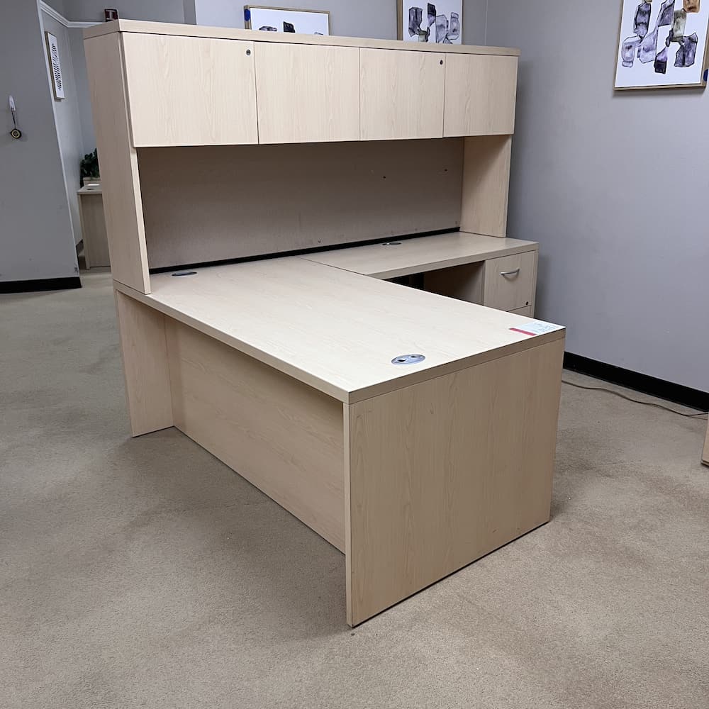 maple laminate l-desk right return double pedestal silver pulls hutch and 4 doors used office furniture global brand