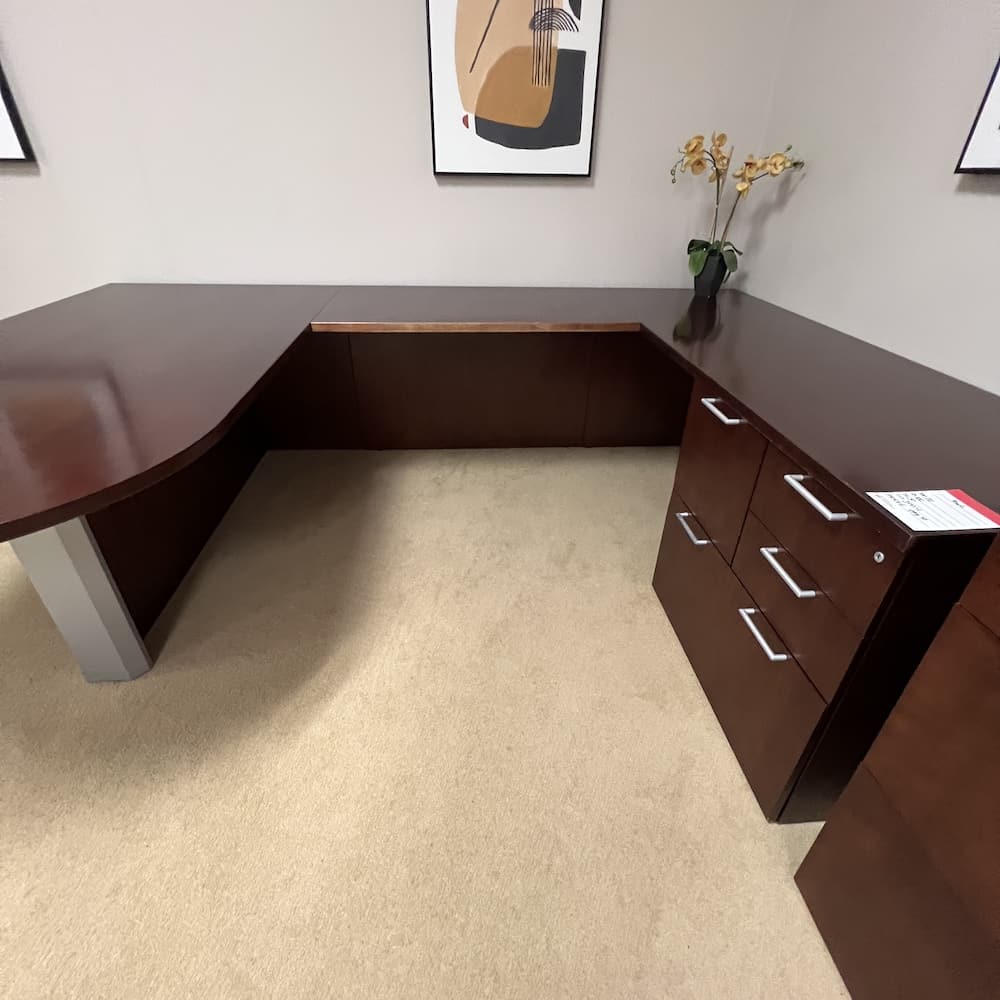 walnut veneer wood desk u-desk right return with double pedestal silver pulls Paoli used office