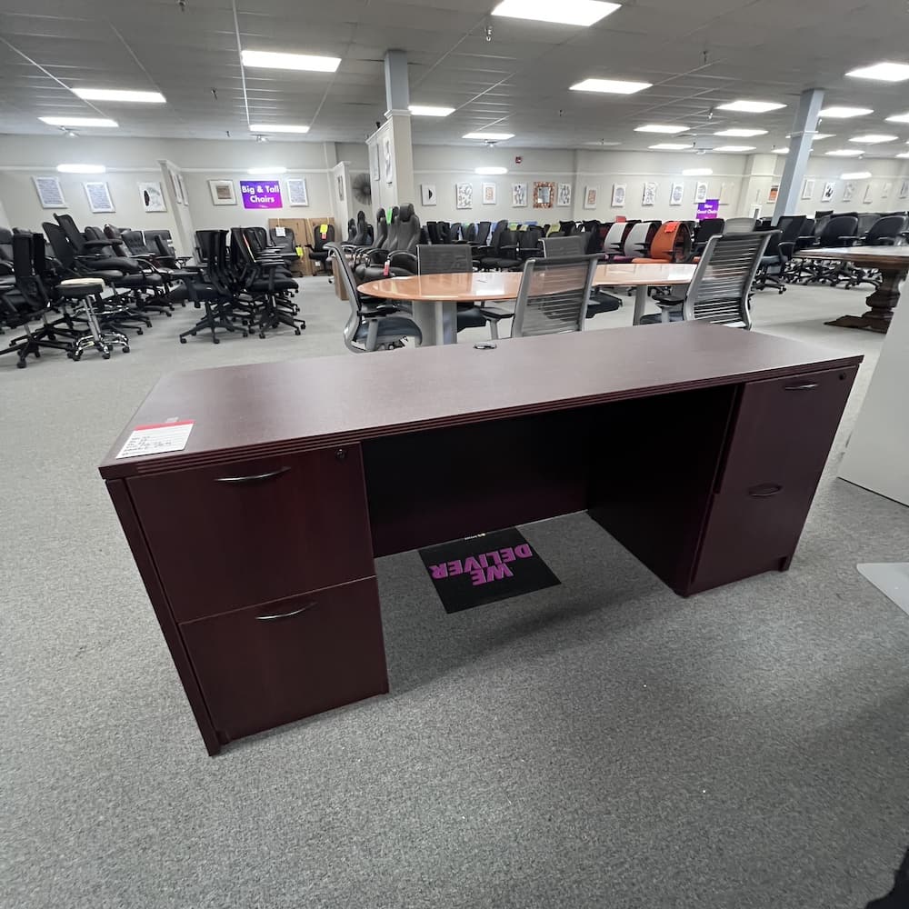 mahogany laminate credenza desk with double pedestal and black pulls used office furniture