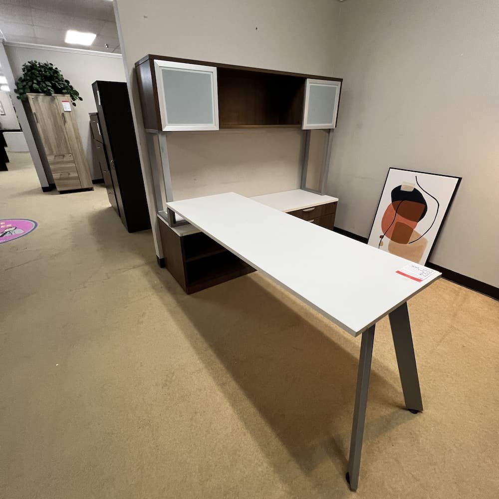 white and walnut laminate l-desk right return with hutch, used office furniture