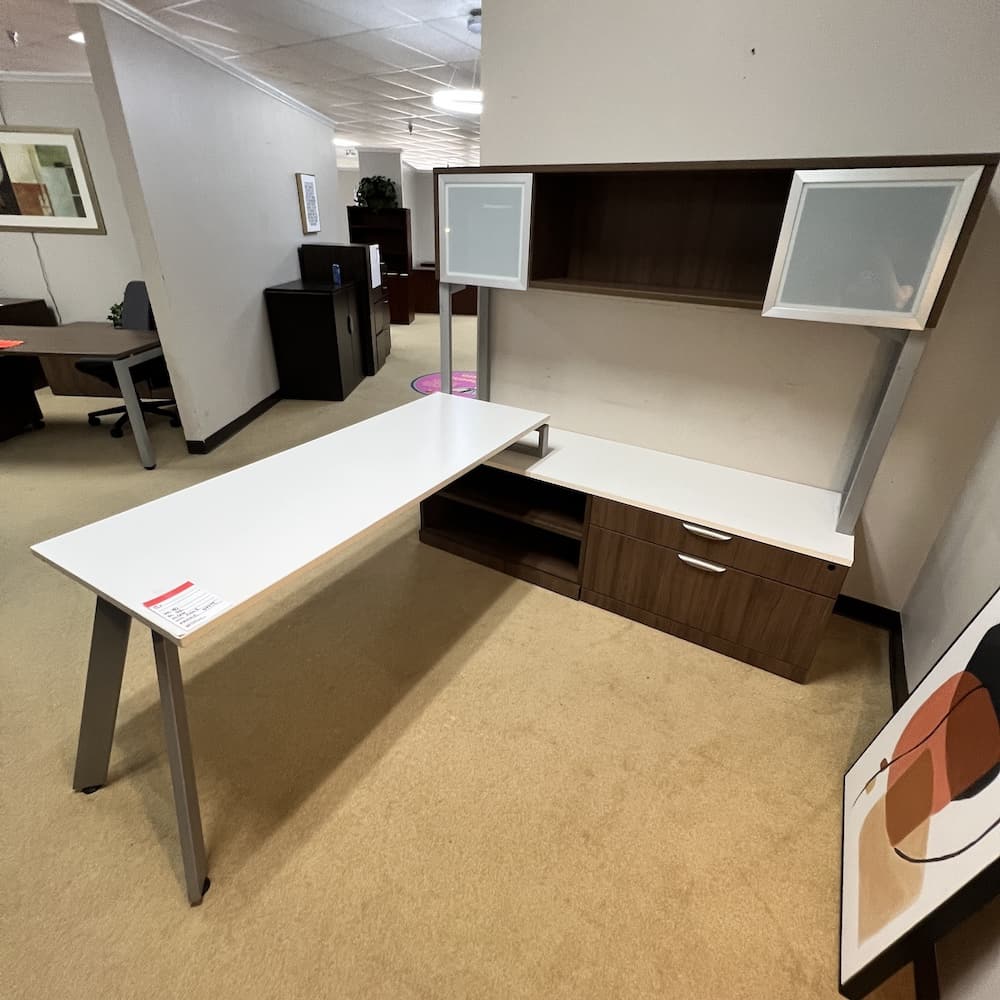 white and walnut laminate l-desk right return with hutch, used office furniture